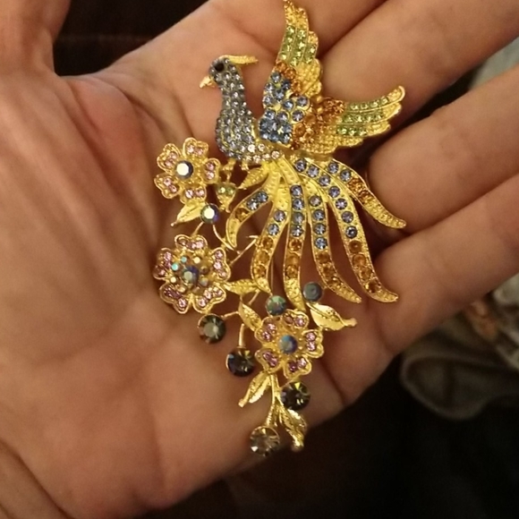 Peacock Brooch Pin and Pendant 1/4" Bale Large Colorful Rhinestones Bling - Picture 13 of 15